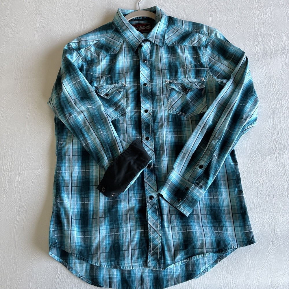 Men's Med Shirt Rock & Roll Blue Plaid Cowboy Western Pearl Snap Ranch Clubcore